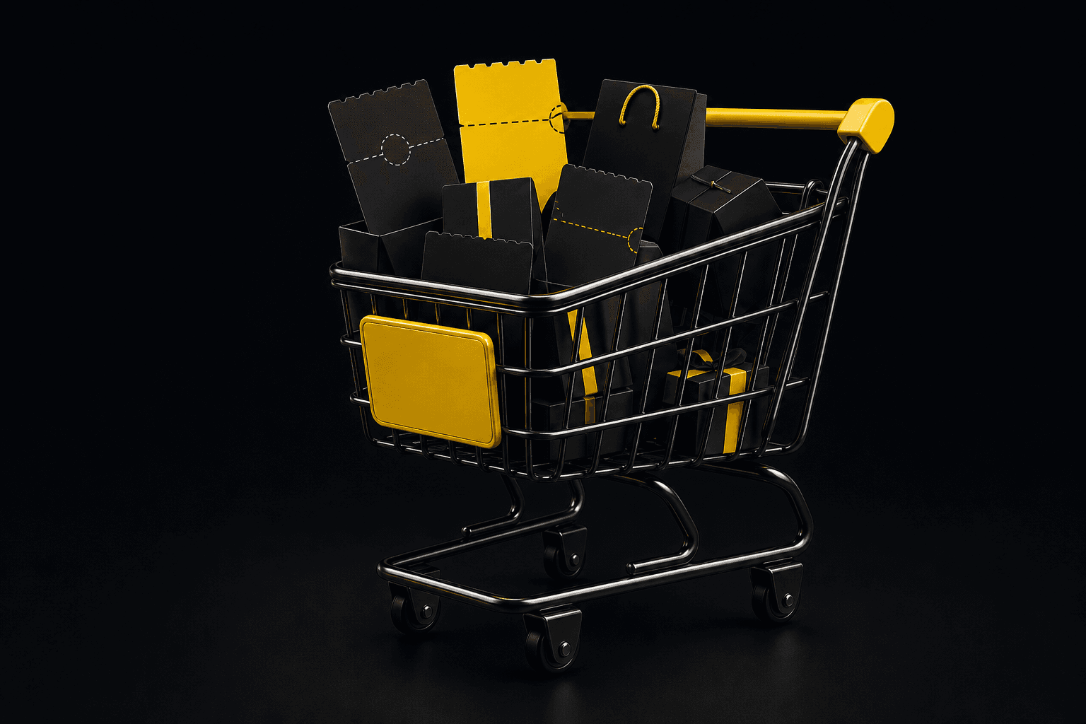 Shopping cart filled with coupons and retail parcels